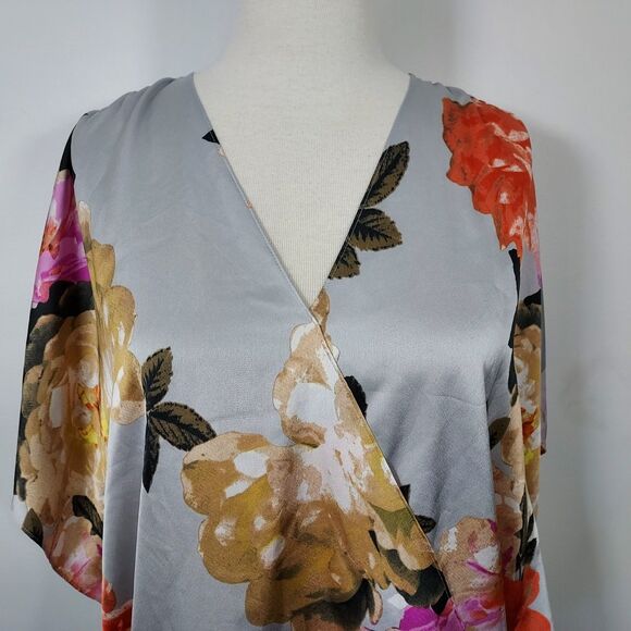INC International Concepts Faux Wrap Top Sz Large Floral Surplice Kimono Sleeve - Picture 3 of 11